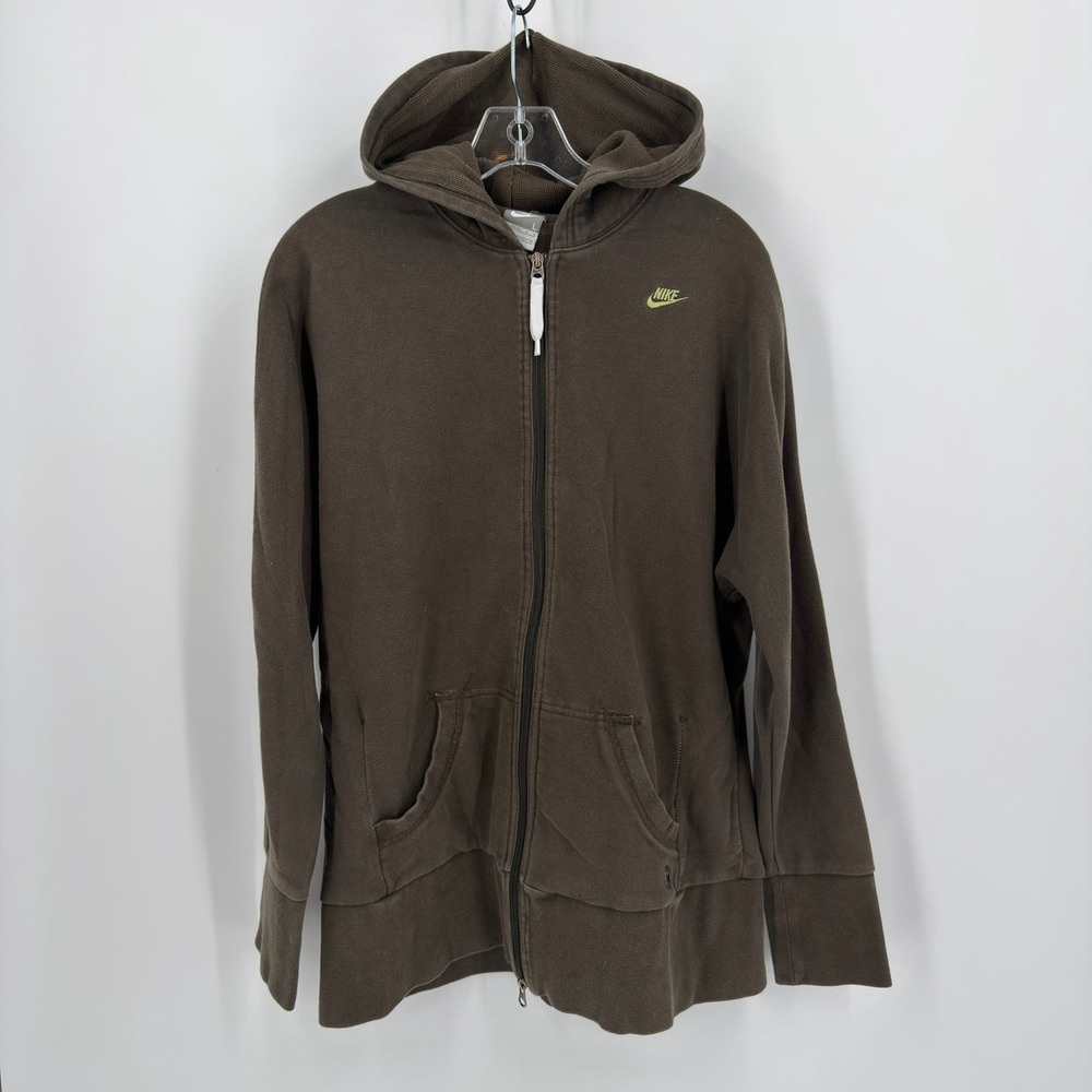Nike Hoodie Full Zip Sweatshirt Y2K Women Size Large Brown Embroidered Logo Top